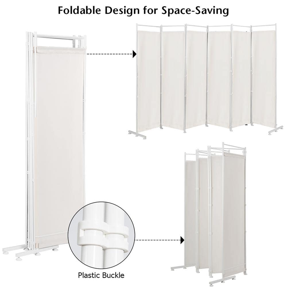 White 6-Panel Folding Privacy Screen with Metal Frame