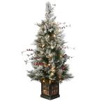 4 ft. Snowy Bedford Pine Entrance Tree in Black/Silver Rectangular Pot with 100 Clear Lights