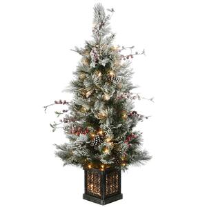 4 ft. Snowy Bedford Pine Entrance Tree in Black/Silver Rectangular Pot with 100 Clear Lights