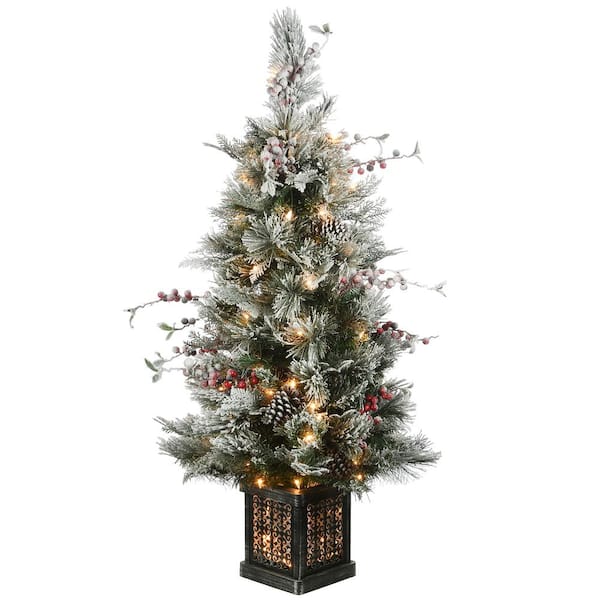 National Tree Company 4 ft. Snowy Bedford Pine Entrance Tree in Black/Silver Rectangular Pot with 100 Clear Lights