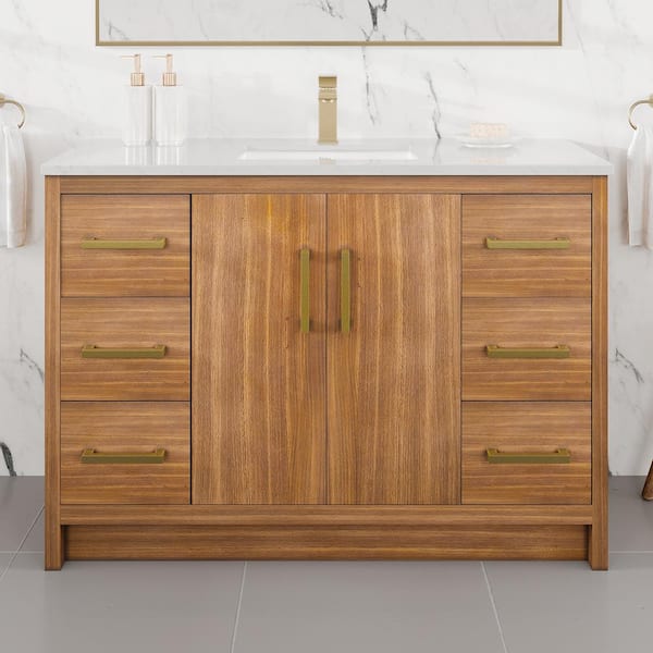 Curio 48 in. Single Sink Walnut Bath Vanity with White Carrara Quartz Top (Assembled)