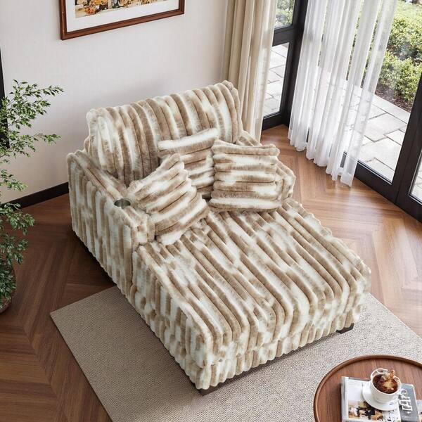 Uixe White Brown Faux Rabbit Fur Polyester 2-Arm Chaise Lounge