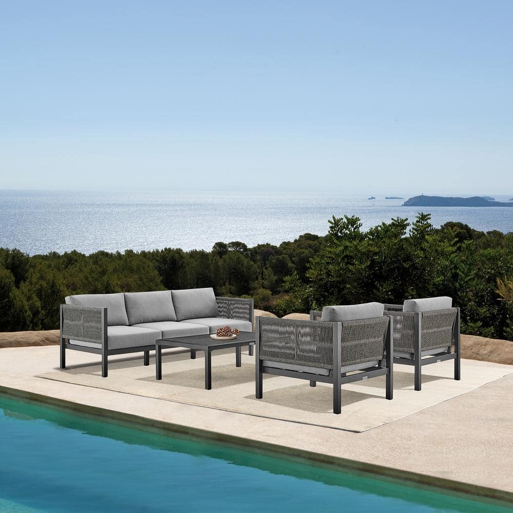 Mareike Black Aluminum and Rope Outdoor Lounge Chair with Gray Cushions