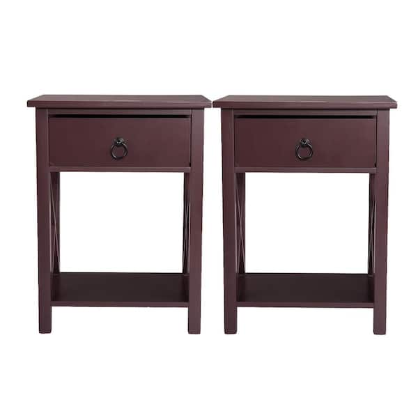 Kahomvis Mid-Century 1-Drawer Brown Nightstand, x-Shaped Wooden Side Table 21 in. H x 15.9 in. W x 12 in. D (2-Pack)