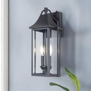 Hawaii 18 in. H 2-Bulb Black Hardwired Outdoor Wall Lantern Sconce with Dusk to Dawn