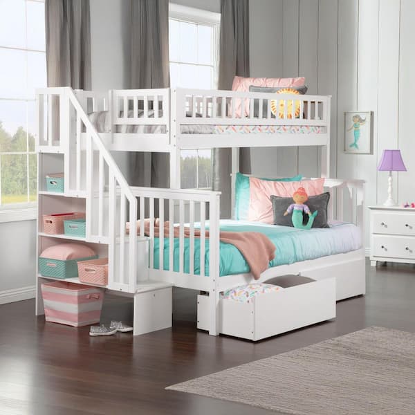 AFI Woodland Staircase Bunk Bed Twin over Full with 2 Urban Bed Drawers in White