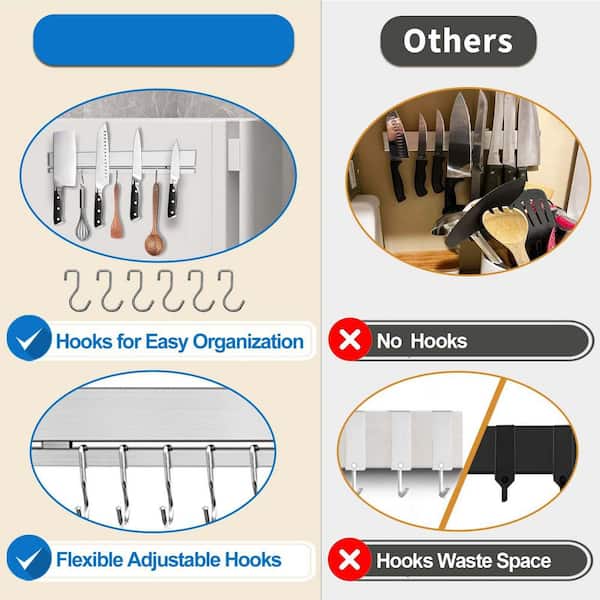 12 in. Stainless Steel Double Magnetic Knife Holder Bar for Refrigerator with 6 Hooks, Wall Mount Rack Storage