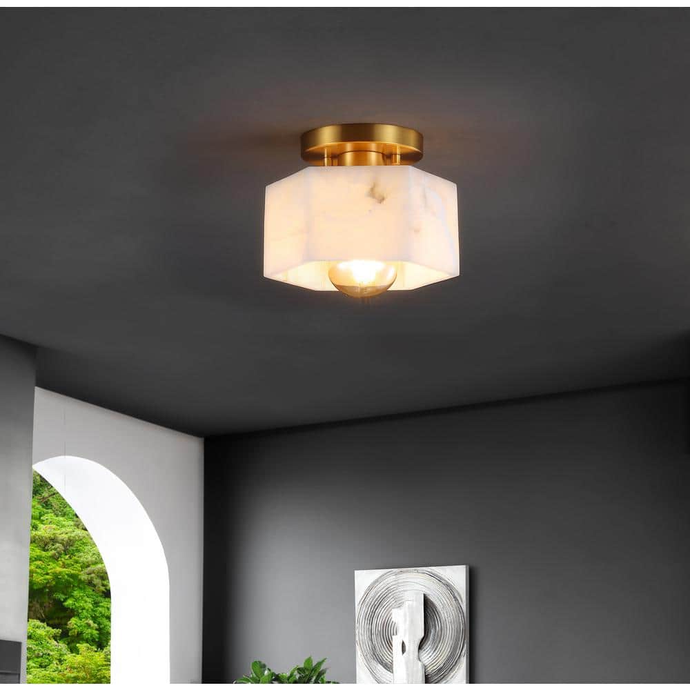 Tessa 8" White Marbling Brass LED Semi Flush Mount Light
