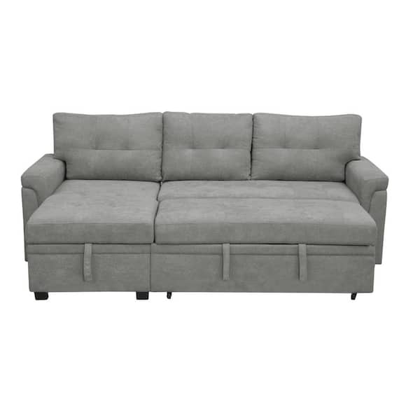 HOMESTOCK - 84.64 in. Velvet L-Shaped Sleeper Sectional Sofa with Square Arms in. Gray, Reversible Chaise, and Pull-out Sofa Bed
