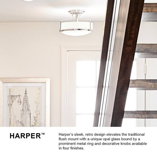 HINKLEY - Hinkley Harper Large Semi-Flush Ceiling Light, Brushed Nickel + Clear Seedy Glass
