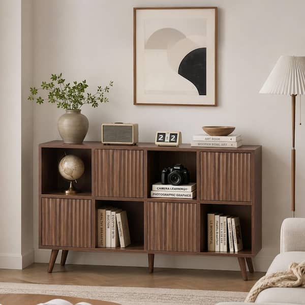 Modern 27.44 in. Tall Walnut Finish Engineered Wood 8-Cube Accent Storage Bookcase with Adjustable Doors