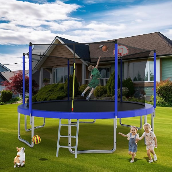 Unbranded 14 ft. Outdoor Large Leisure Trampoline with Safety Fence Net and Backboard Suitable for Garden Backyard