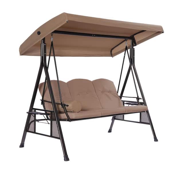 Siavonce 3-Person Patio Glider Swing Chair with Stand, Porch Lawn Swing with Removable Cushion and Convertible Canopy