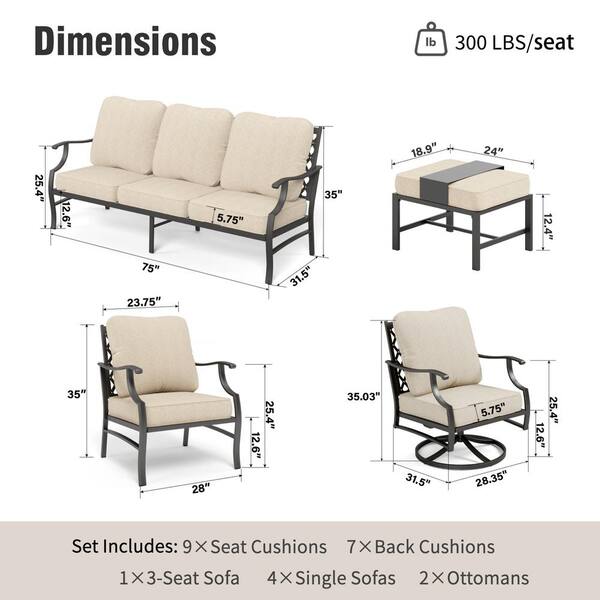 PHI VILLA Black Meshed 9-Seat 7-Piece Metal Outdoor Patio