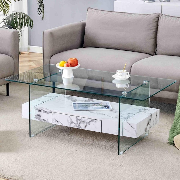 Polibi 43.3 in. Transparent, White Rectangle Glass Coffee Table with Storage and Shelves