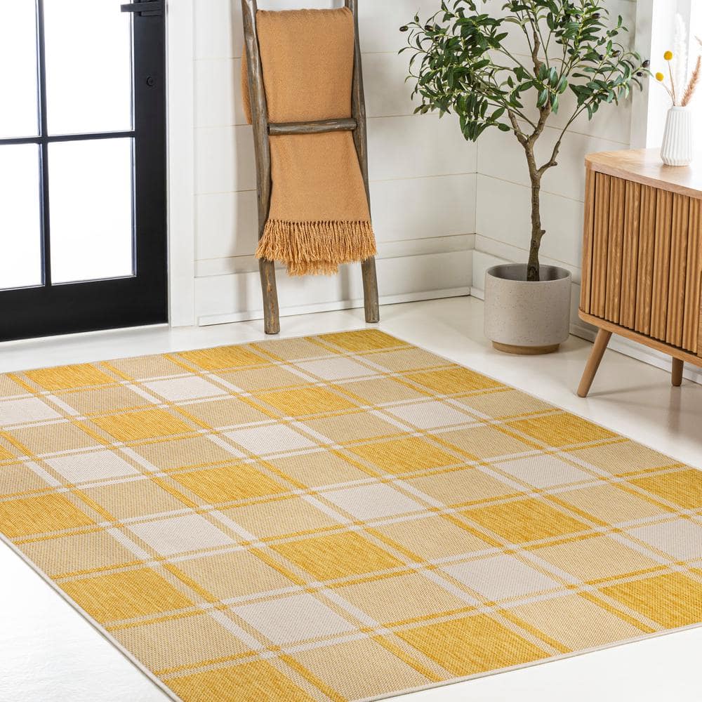 Sabine Bold Gingham Yellow and Cream 3 x 5 Synthetic Indoor/Outdoor Rug