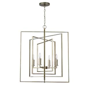 El Capitan 26 in. 4-Light Antique Silver Leaf Pendant Light Fixture with Caged Metal Shade