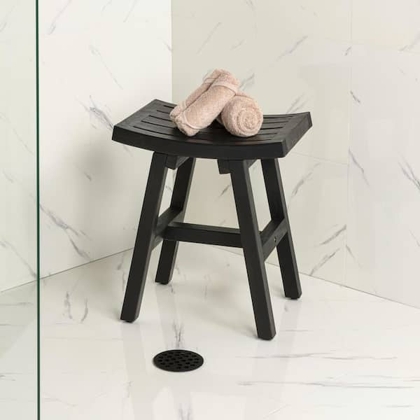 Tamlyn 17.72 in. H Traditional Classic Slatted Solid Acacia Wood Indoor/Outdoor Shower Stool, Black