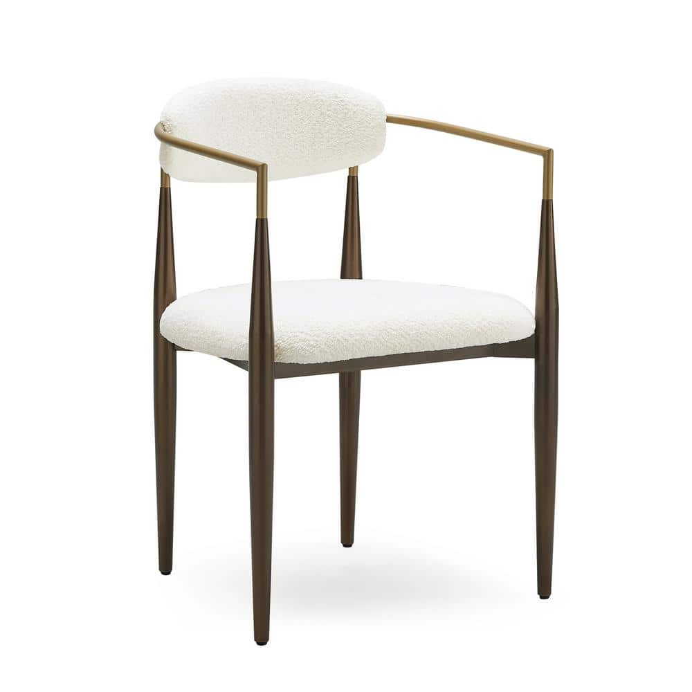 White Boucle Upholstered Arm Chair with Gold Metal Frame
