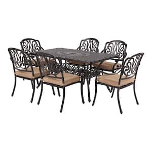 Classic Dark Brown 7-Piece Cast Aluminum Rectangle Outdoor Dining Set with Table and Stackable Chairs Khaki Cushions