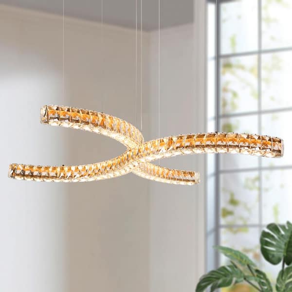 LNC Metorcalipia 2-Light Integrated LED Plating Brass Linear Island Chandelier with Crystals