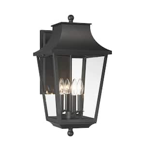 Altimeter 22.5 in. Sand Black Outdoor Hardwired Lantern Wall Sconce with Clear Glass Shades and No Bulbs Included