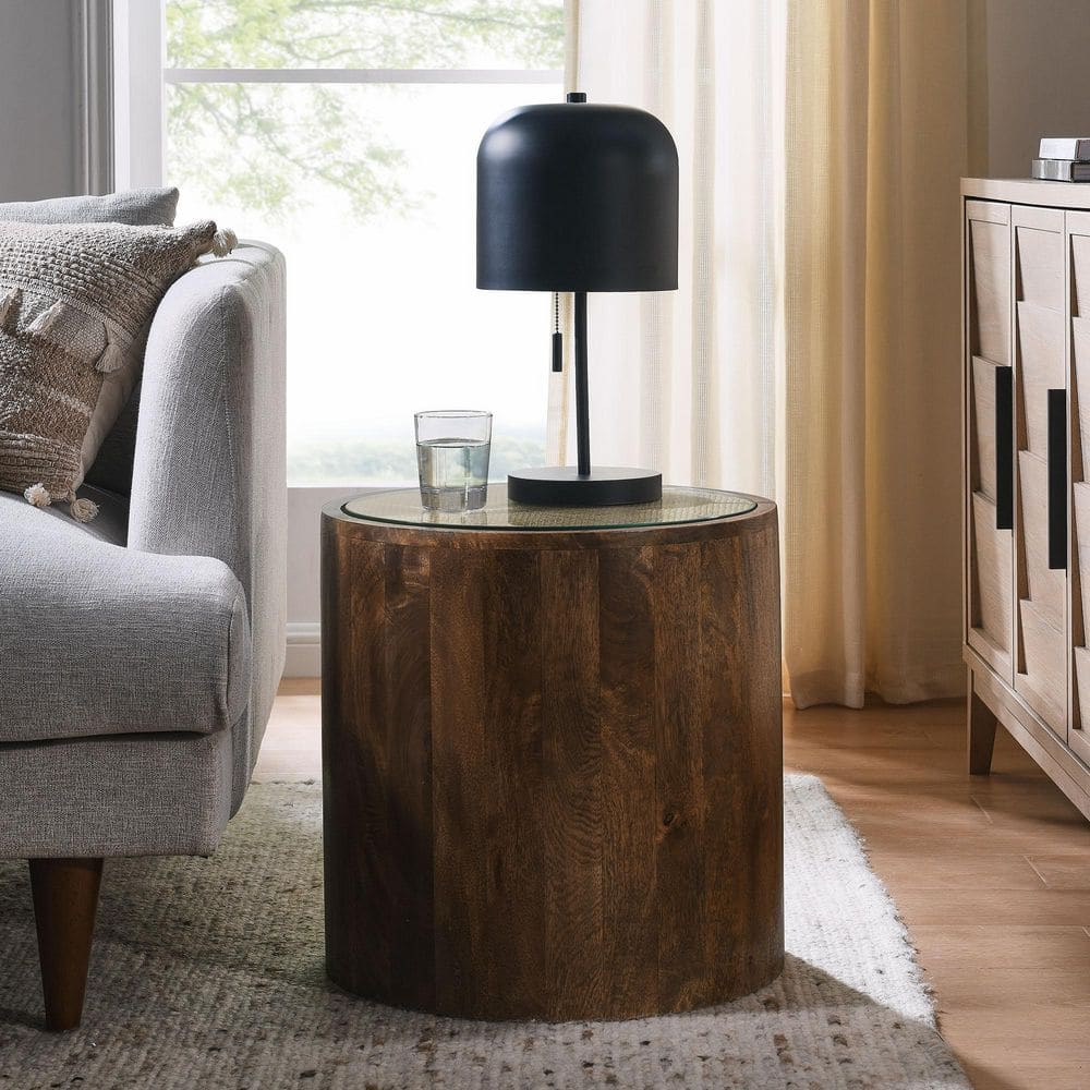 Truett Round Walnut Wood Rattan Side Table with Glass Top
