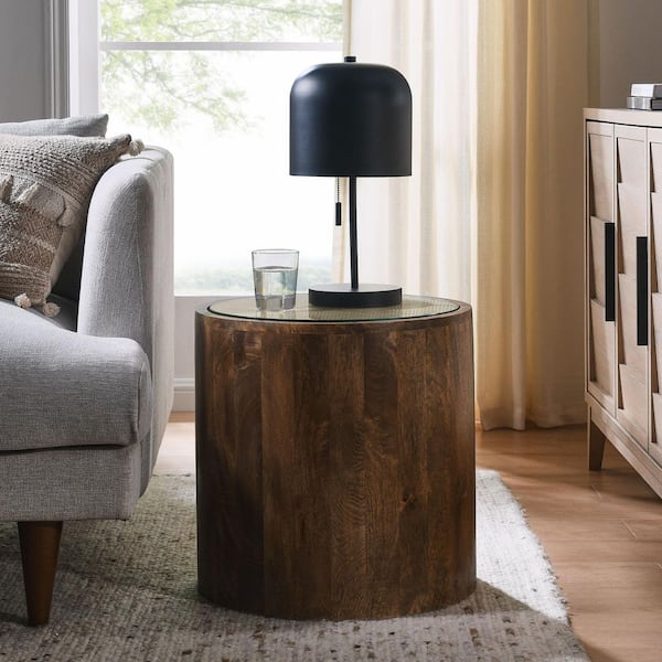 Truett 18 in. Round Wood Rattan Side Table in Walnut