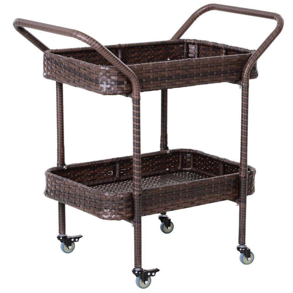 Outsunny 30.75'' Brown Rattan & Wicker Outdoor Serving Cart with Storage