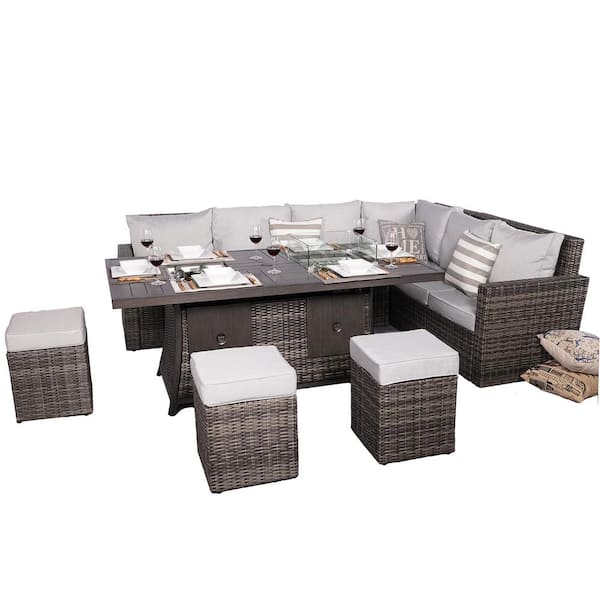 DIRECT WICKER ELLE Grey 8-Piece Wicker Patio Fire Pit Conversation Sofa Set with Grey Cushions and Ottomans