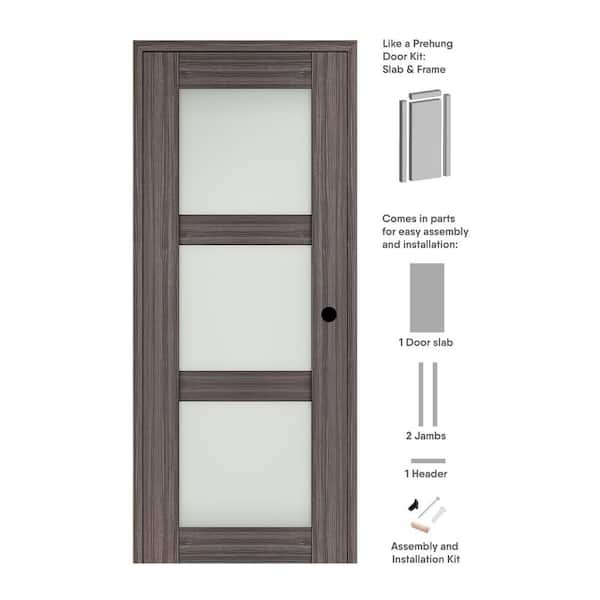 Belldinni Paola 18 in. x 80 in. Left-Hand 3-Lite Frosted Glass Gray Oak Composite Solid Core Wood Single Prehung Interior Door