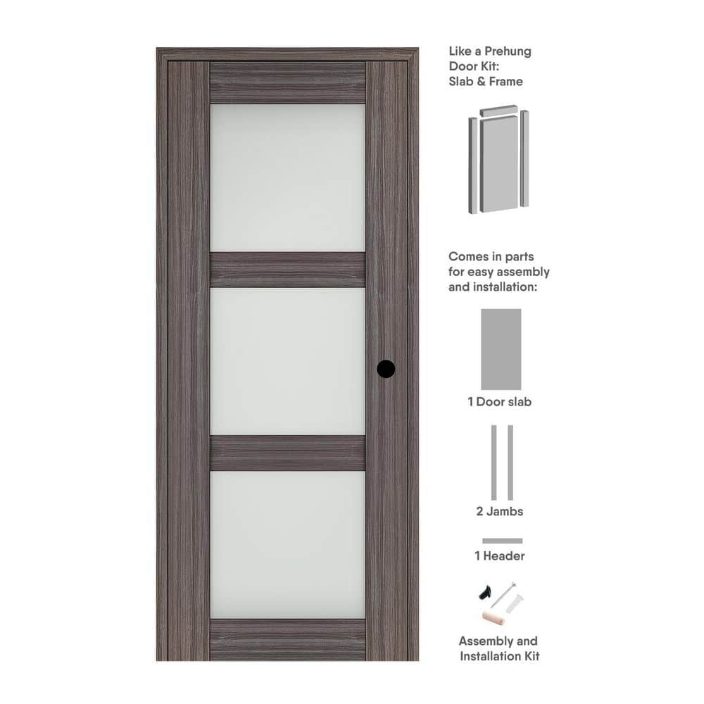 Paola 36 in. x 80 in. Left-Hand 3-Lite Frosted Glass Gray Oak Composite Solid Core Wood Single Prehung Interior Door price history on PriceWatchPro