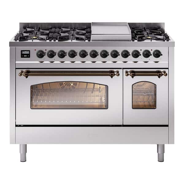 Nostalgie II 48 in. Dual Fuel Liquid Propane Range with 8 Burners, Griddle, Burnished Trim in Stainless Steel