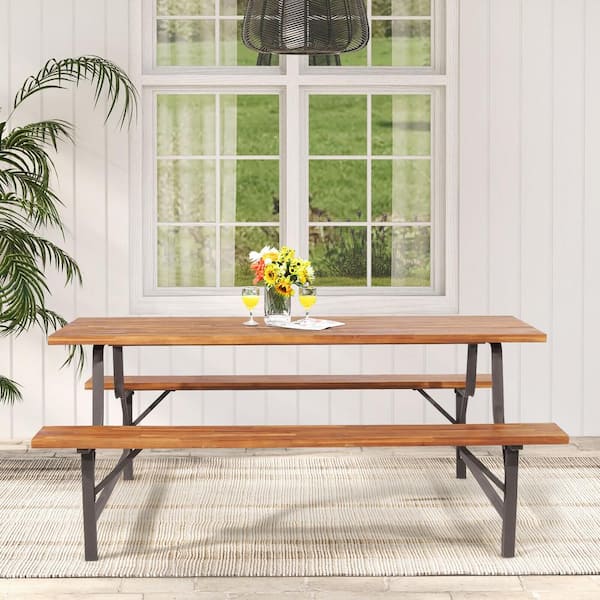 71 in. L 6-Person Acacia Wood Picnic Table Bench Set