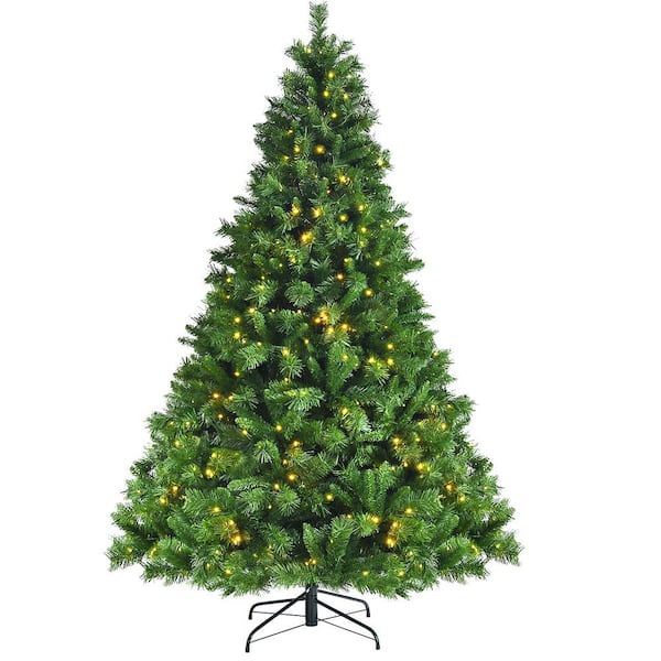 Costway 7 ft. Green Pre-Lit LED Hinged Artificial Christmas Tree with 8 Modes LED Lights and Foot Pedal