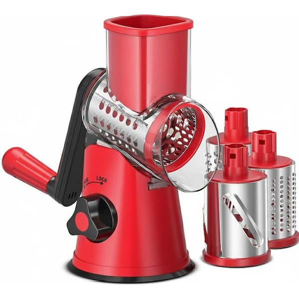 Red Rotary Cheese Grater Mandoline Vegetable Slicer with Handle and 3 Stainless Steel Blades, Easy to Clean