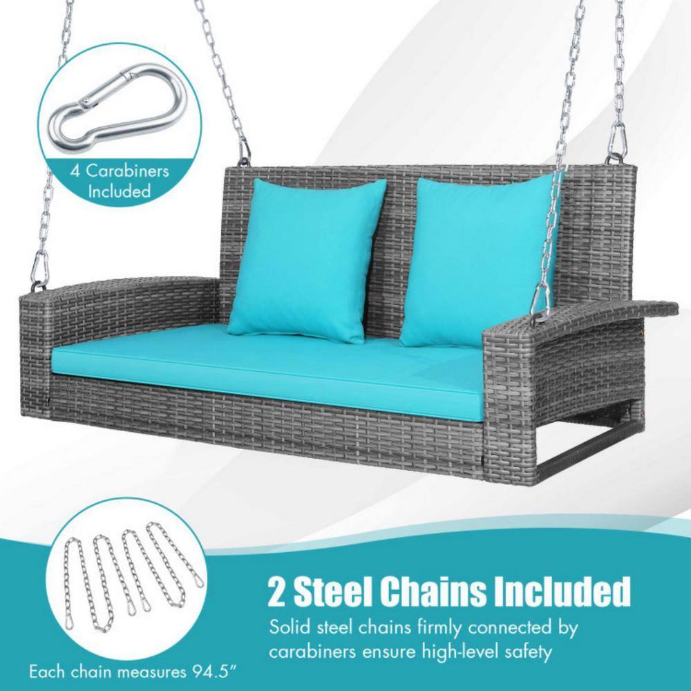 Turquoise Cushioned 2-Person Gray Wicker Patio Porch Swing