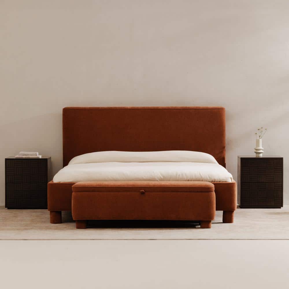 Dark Rust Basketweave Upholstered Storage Bench with Rounded Legs