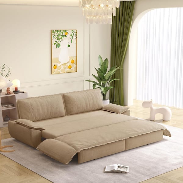 3-in-1 Convertible 73.2 in. Camel Soft Corduroy Queen Size Sofa Bed with 2 Soft Pillows