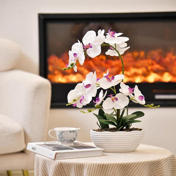 19 in. White Outdoor Artificial Orchid Plant Centerpiece in