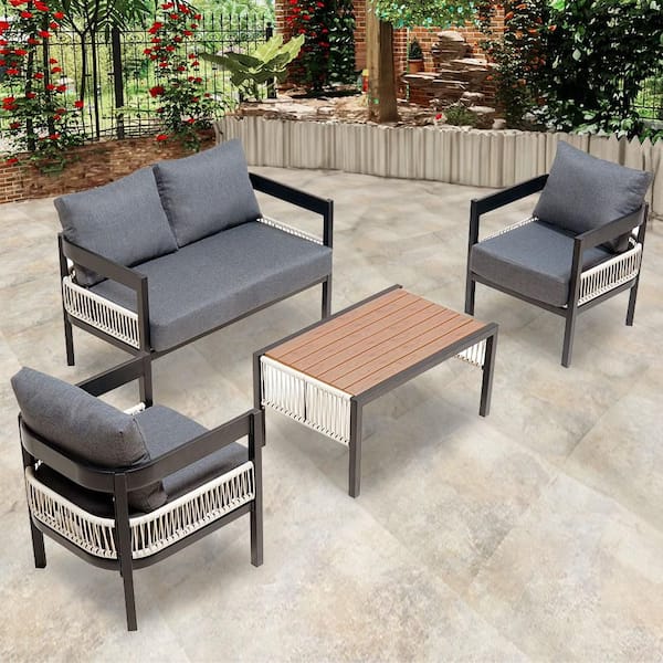 4 Pieces Black Metal Outdoor Sectional Sofa Set with Gray Cushion and Table