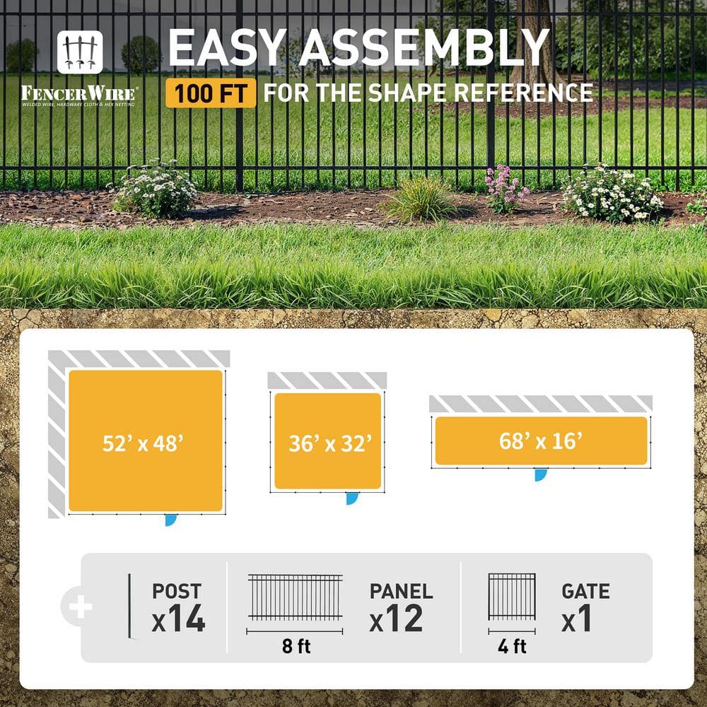 Black Heavy-Duty Flat Top Metal Fence Panels, 4 ft. H x 8 ft. W