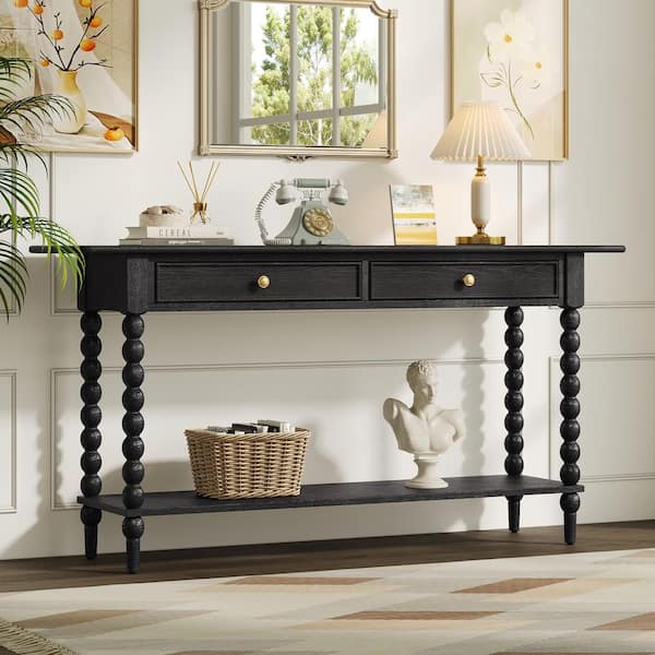 Vintage 62.3 in. Black Rectangle Wood Console Table with 2 Drawers, Lower Shelf for Entryway or Living Room