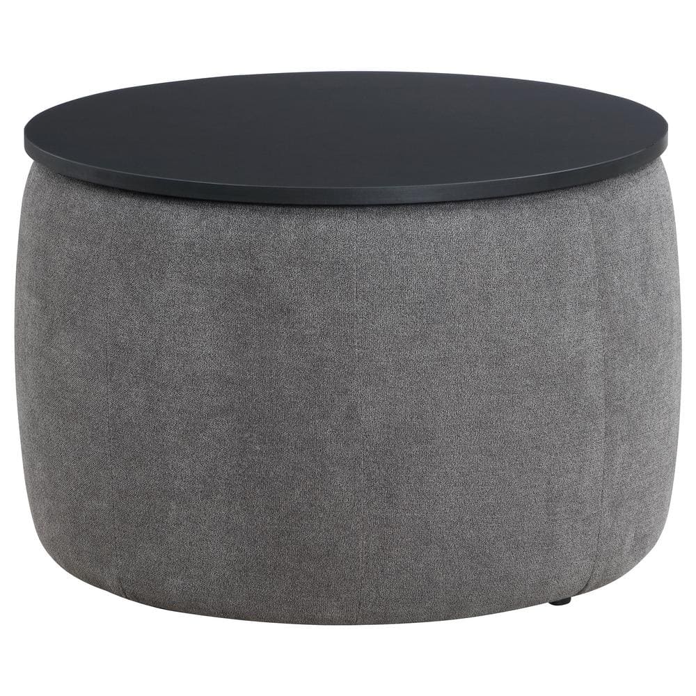Gray and Black Round Upholstered Lift-Top Storage Ottoman