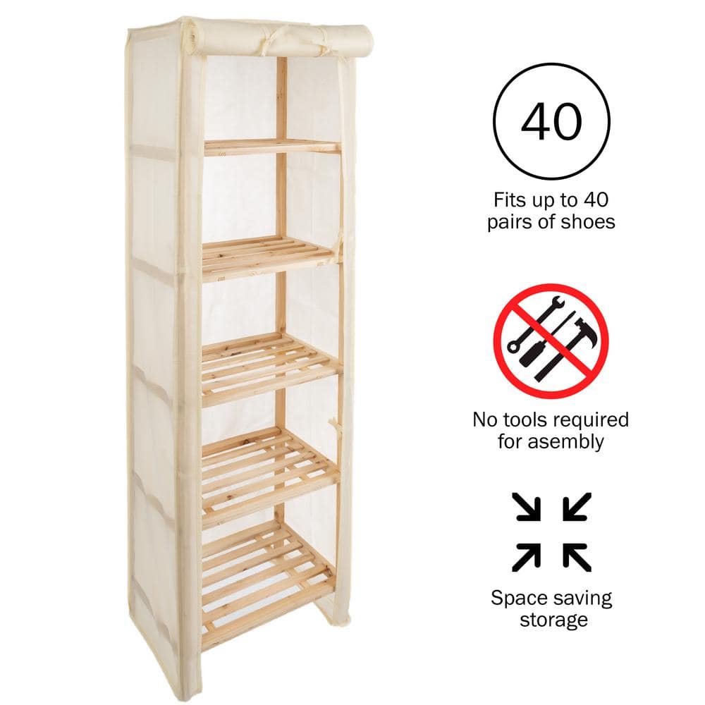 Five-Tier Light Wood and Metal Storage Shelf with Removable Cover