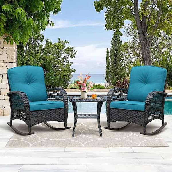 3-Pieces Outdoor Patio Set Wicker Outdoor Rocking Chair with Waterproof Cushions in Cyan Blue