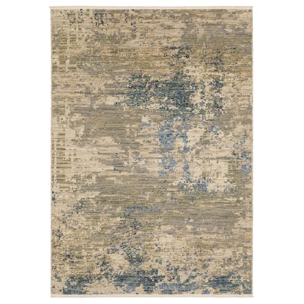 7' X 10' Beige And Blue Abstract Area Rug With Fringe
