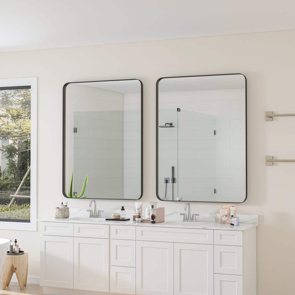 30 in. W x 40 in. H Rectangular Metal Framed Rounded Corner Wall Mounted Bathroom Vanity Mirror in Matte Black price history on PriceWatchPro