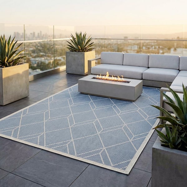 Liguria Noli Azul 9 ft. x 12 ft. Contemporary Flatweave Geometric Polypropylene Rectangle Indoor/Outdoor Area Rug