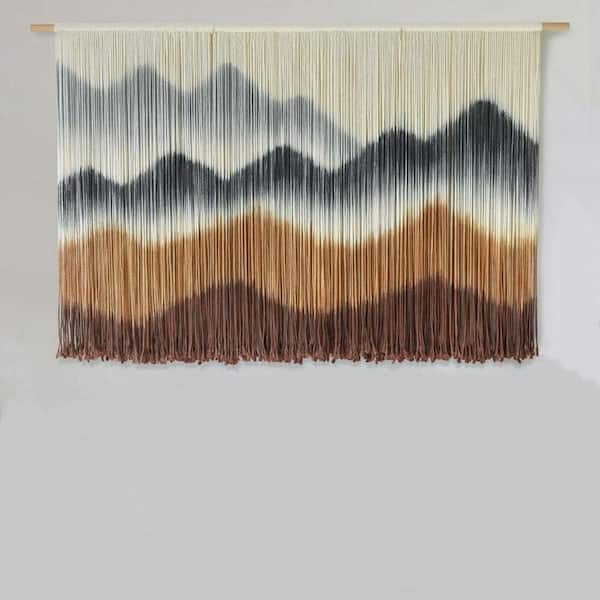 57 in. x 35 in. Brown Khaki Mountain Macrame Wall Hanging-Dip-Dyed Modern Fiber Art